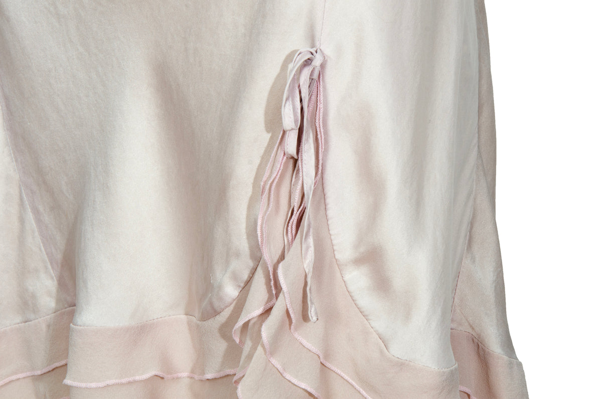 Vintage 100% silk pale blush pink open back ruffle hem spaghetti straps slip dress