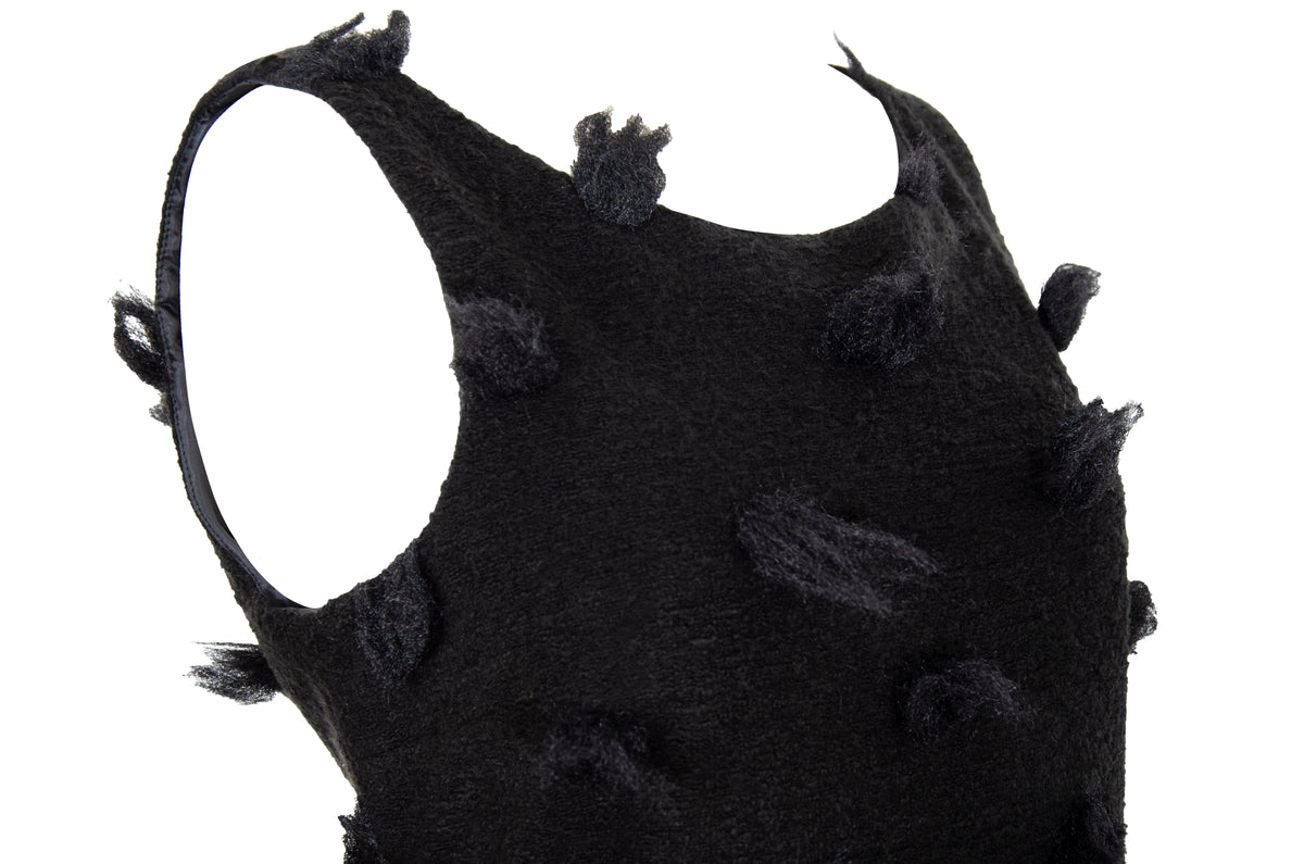 Rare Biche de Bere black boiled wool dress with 3D tufted wool pompom details