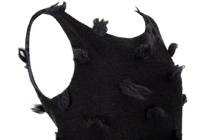 Rare Biche de Bere black boiled wool dress with 3D tufted wool pompom details
