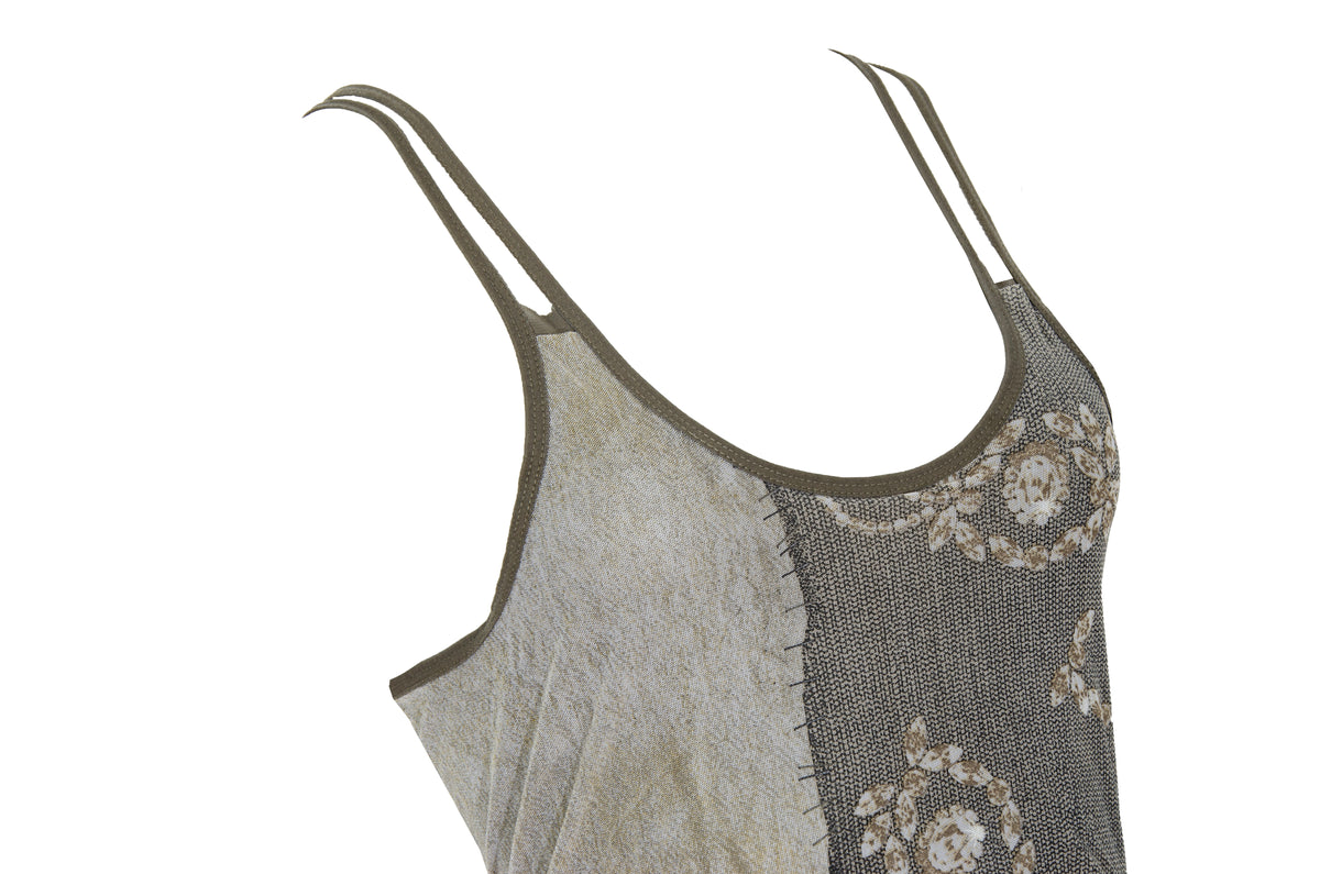 90s French brand mesh earth tones abstract print criss cross back spaghetti straps dress