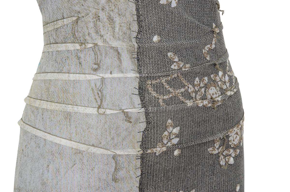 90s French brand mesh earth tones abstract print criss cross back spaghetti straps dress