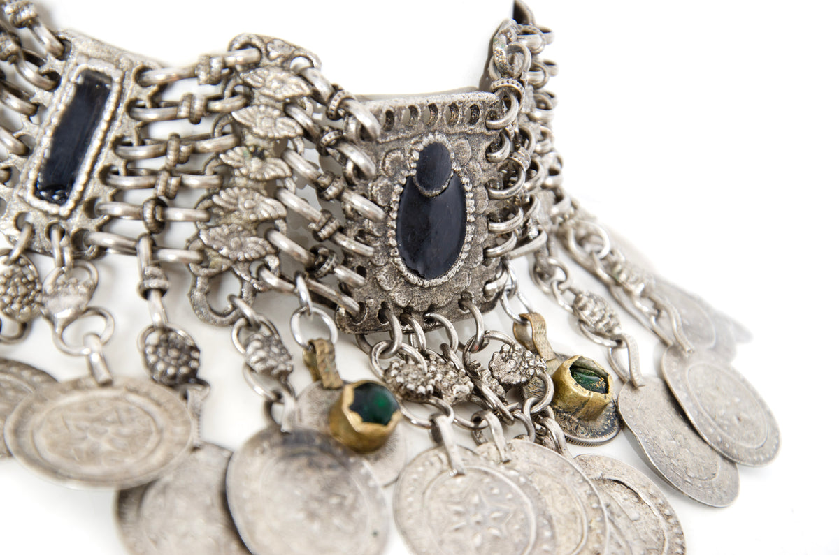 Vintage Kuchi tribal bib choker necklace with coin pendants - Vintage ethnic jewelry
