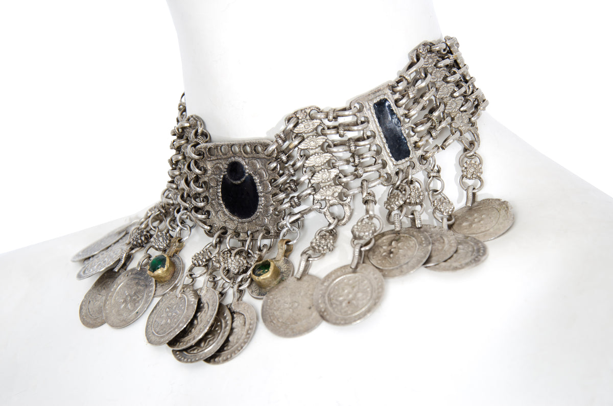 Vintage Kuchi tribal bib choker necklace with coin pendants - Vintage ethnic jewelry