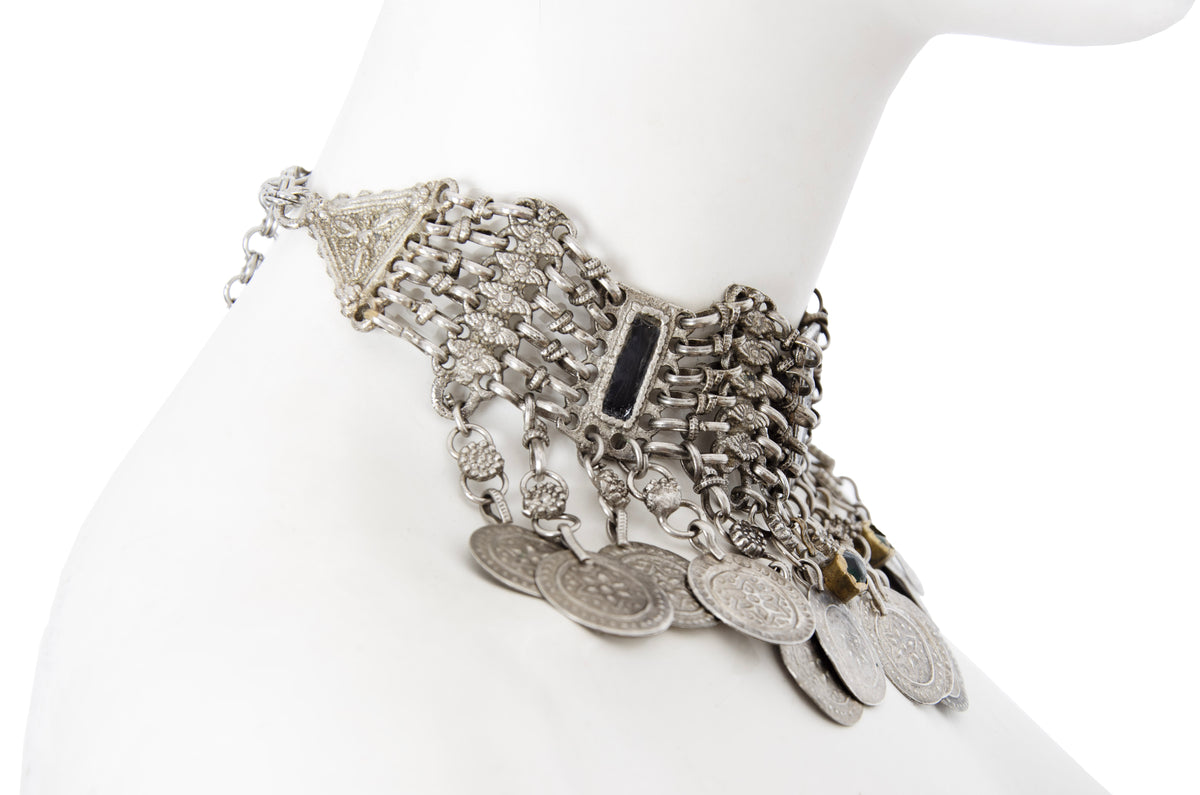 Vintage Kuchi tribal bib choker necklace with coin pendants - Vintage ethnic jewelry