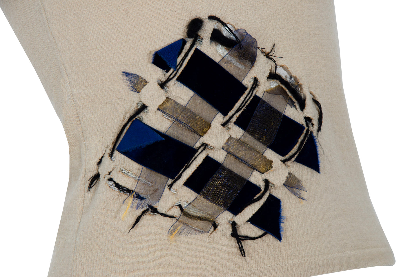 Vintage Amaya Arzuaga wool blend knit deconstructed top with woven ribbon appliqué