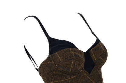 Vintage Italian brand wool plaid lace up corset dress with underwire cups