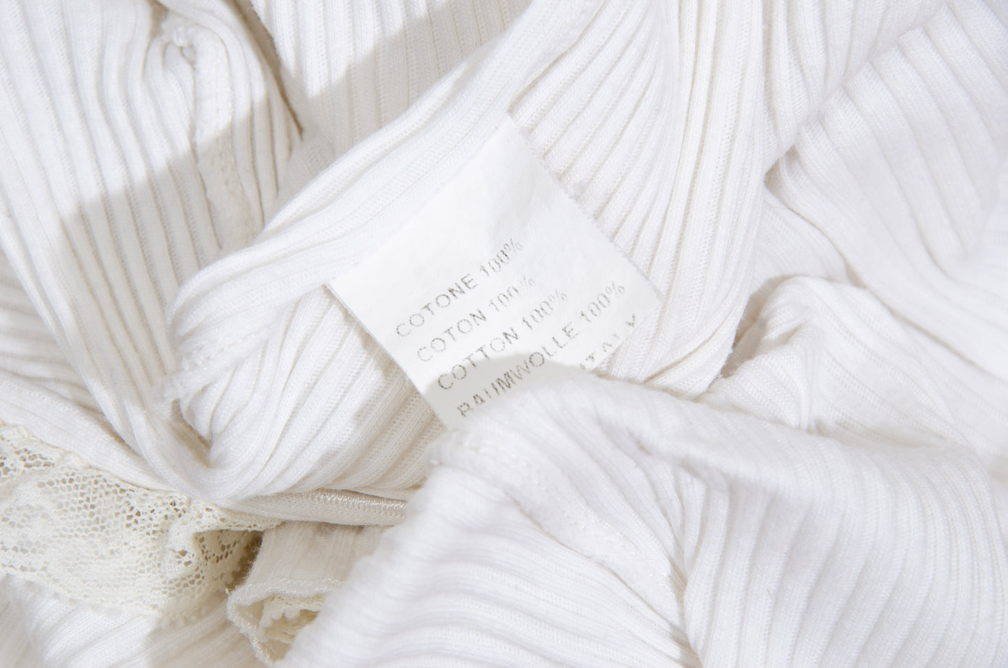 1990s Italian white ribbed cotton slip dress with ruffle lace and satin ribbons details