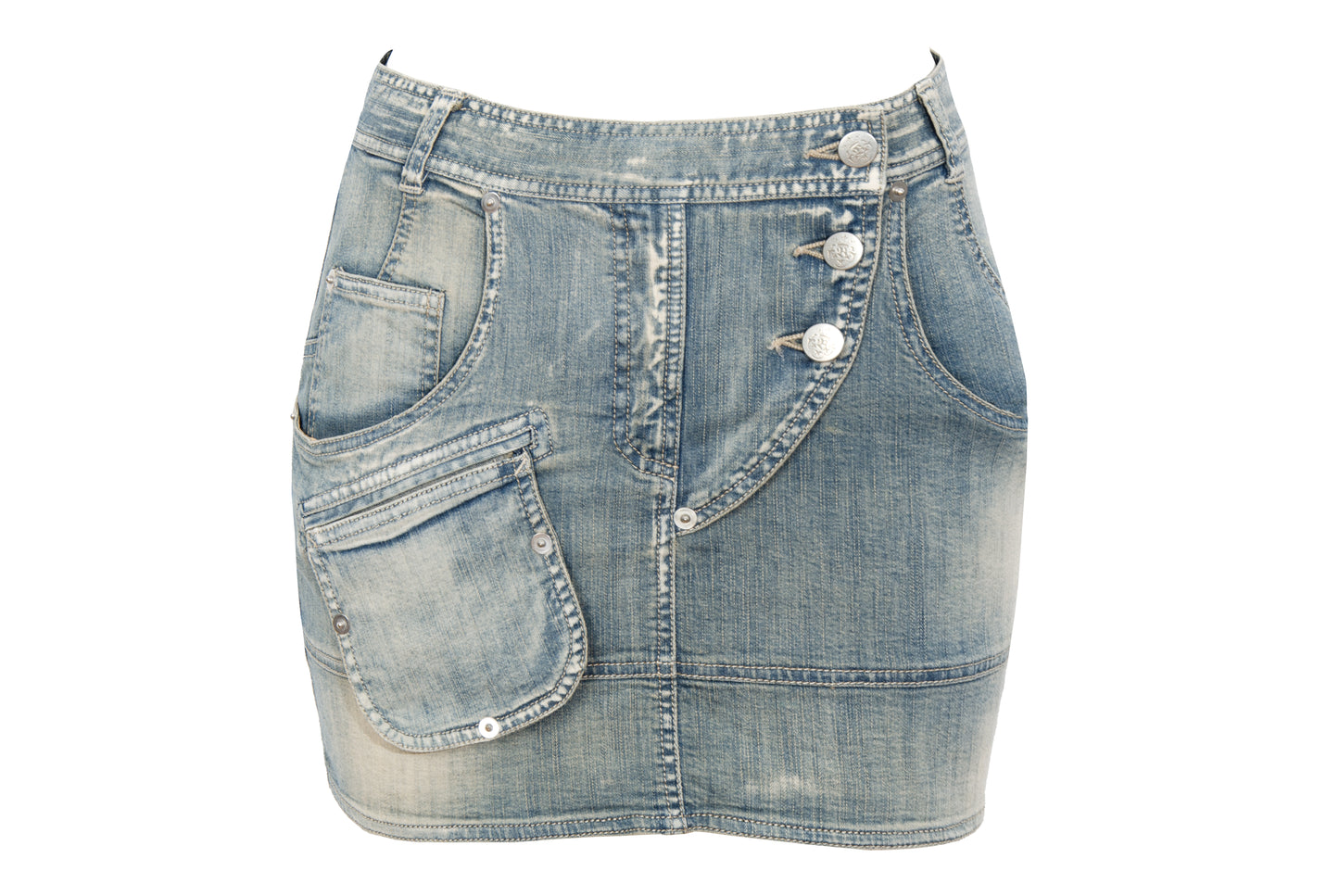 2000s Antonio Berardi mini denim skirt with asymmetrical closure and utility pockets