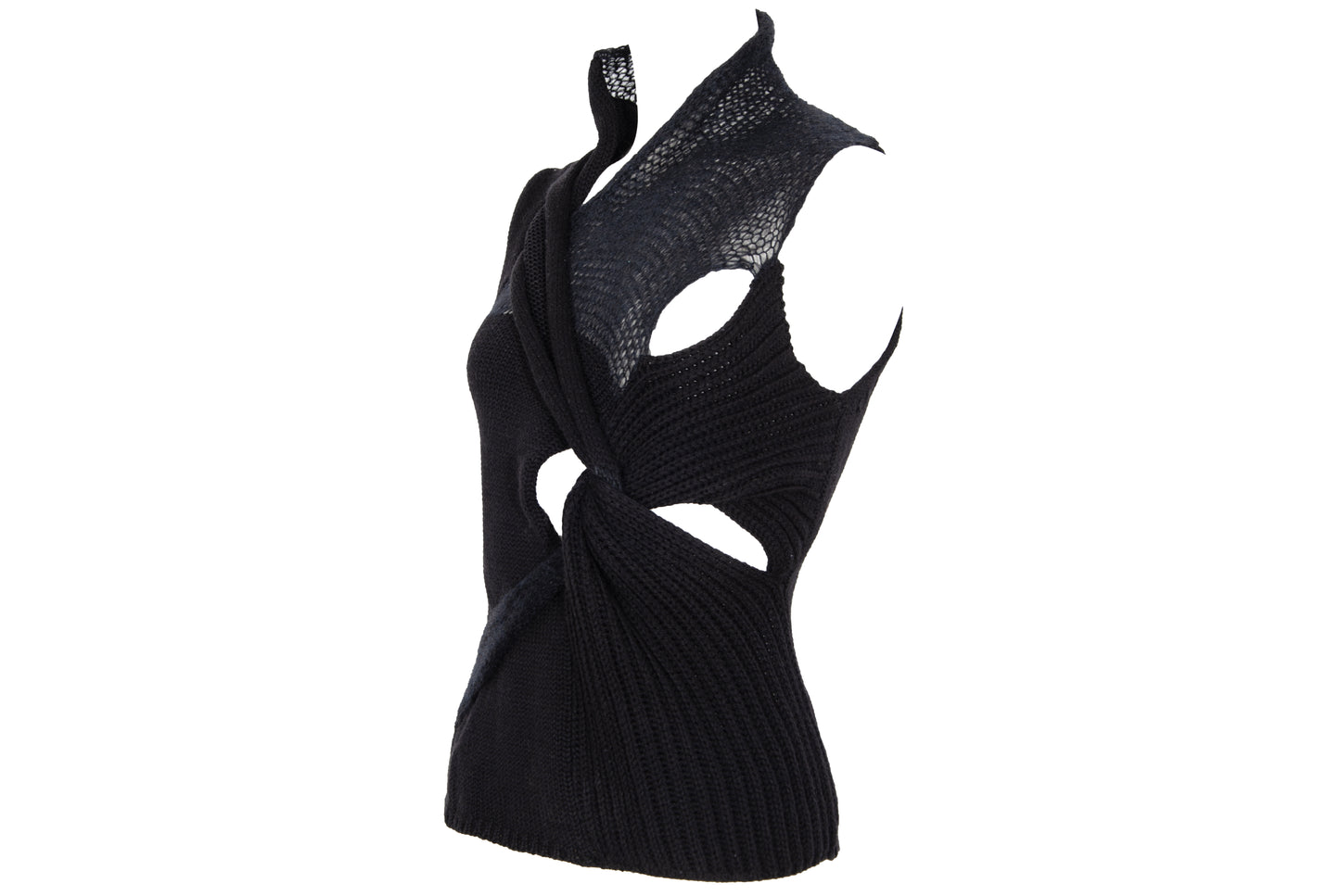 2000s avant garde black fuzzy mohair deformed knit cut out sleeveless top - Italian vintage