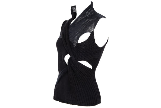 2000s avant garde black fuzzy mohair deformed knit cut out sleeveless top - Italian vintage