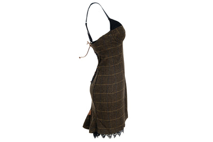 Vintage Italian brand wool plaid lace up corset dress with underwire cups