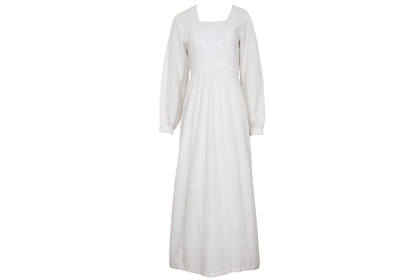 1970s white cotton gauze empire waist embroidered maxi dress
