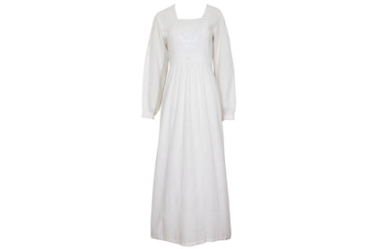 1970s white cotton gauze empire waist embroidered maxi dress