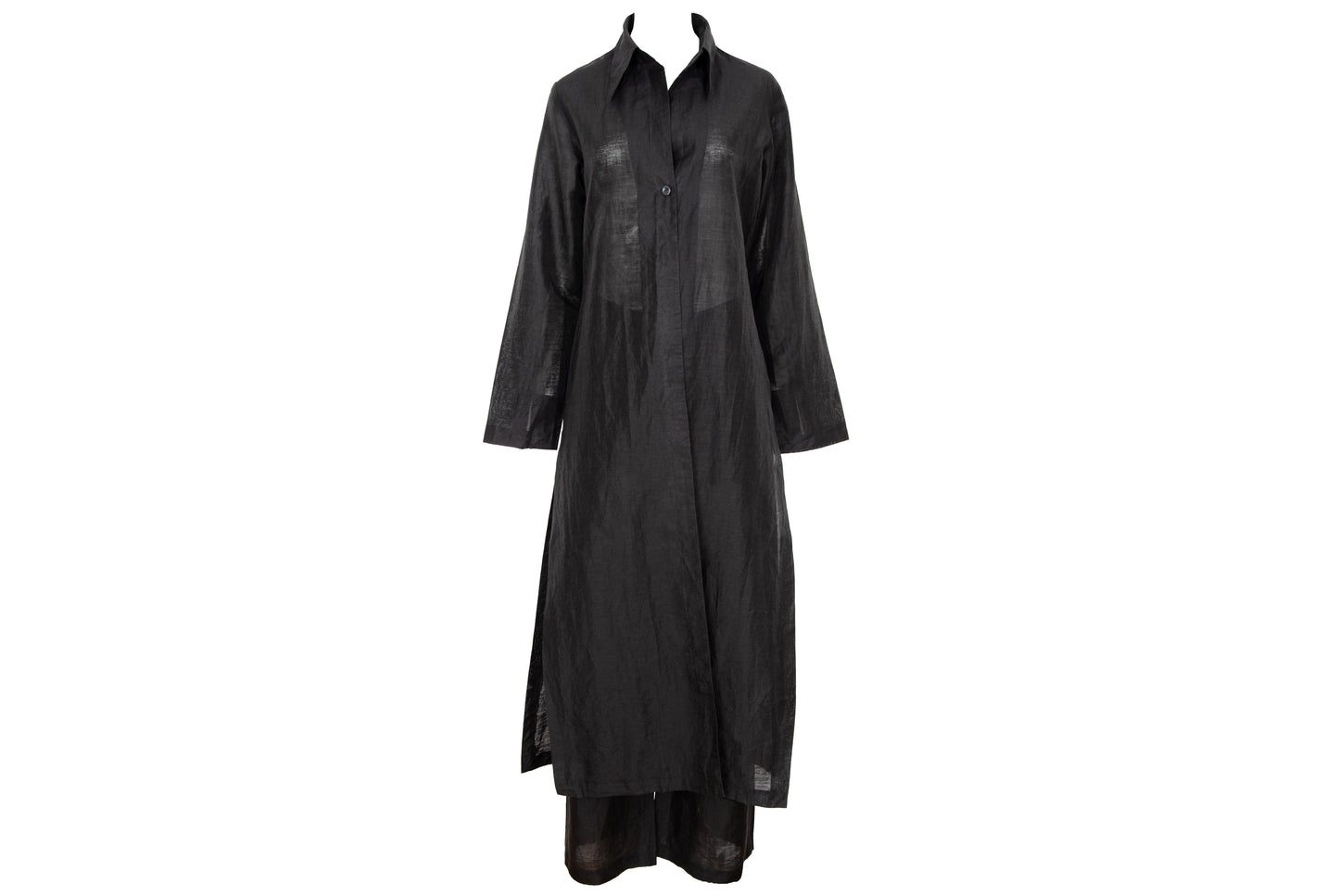 Vintage minimalist black linen long shirt jacket & pants two piece set