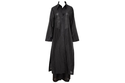 Vintage minimalist black linen long shirt jacket & pants two piece set