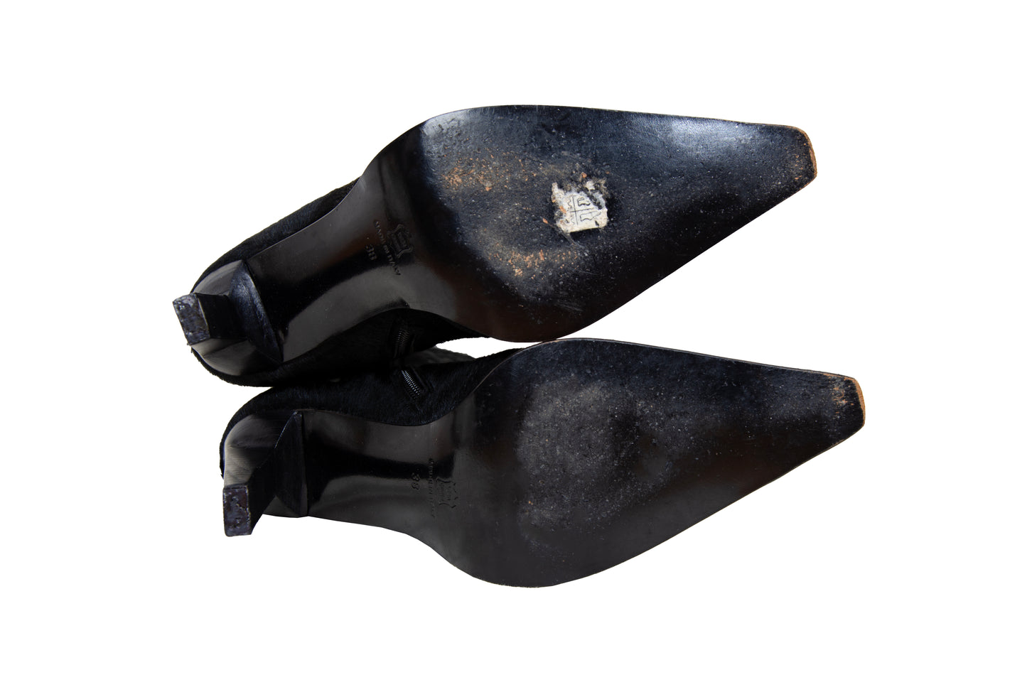 Vintage black calf hair Italian boots with floral motif and sleek high heel