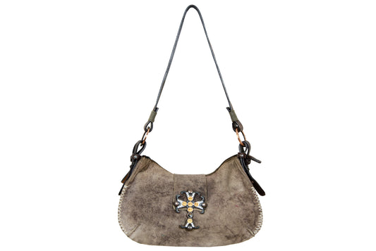 90s aged brown suede medieval bejeweled cross bag - Made in Italy