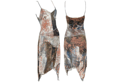 90s Italian designer silk abstract print dress with mesh trim - Made in Italy