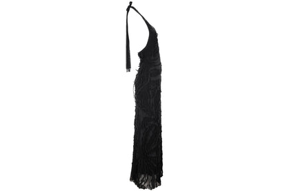 Vintage Italian designer abstract frayed cotton and mesh halter neck maxi dress