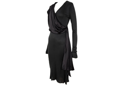 1980s Michel Klein black dress with draped 100% silk integrated scarf
