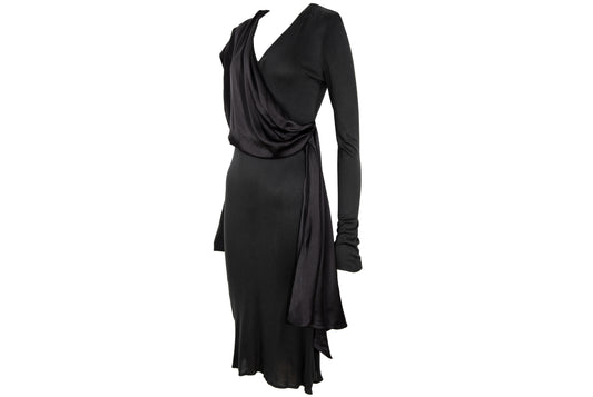 1980s Michel Klein black dress with draped 100% silk integrated scarf