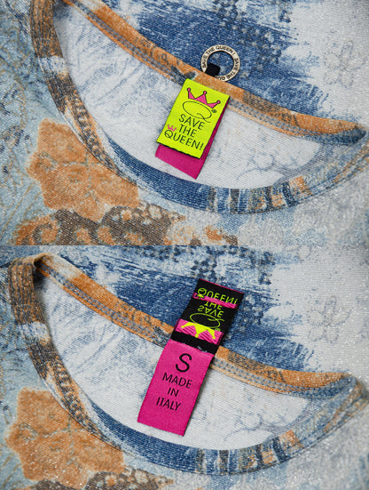 Save The Queen vintage sheer mesh bell sleeves top / Lettuce edge mesh flared sleeves top / Collage fantasy print top