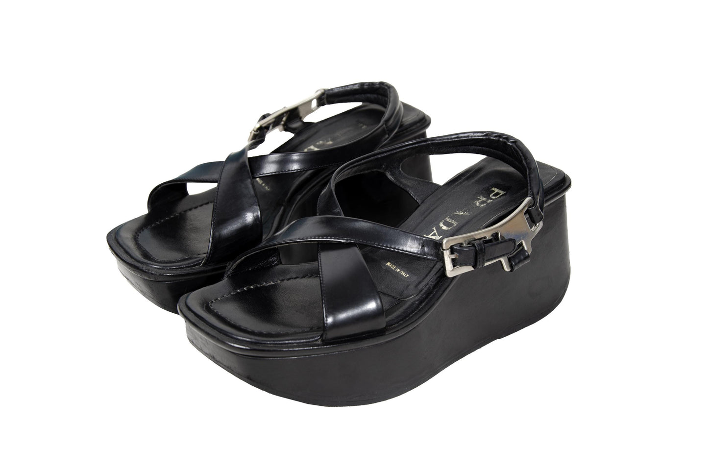1999 Prada black leather platform sandals / Made in Italy