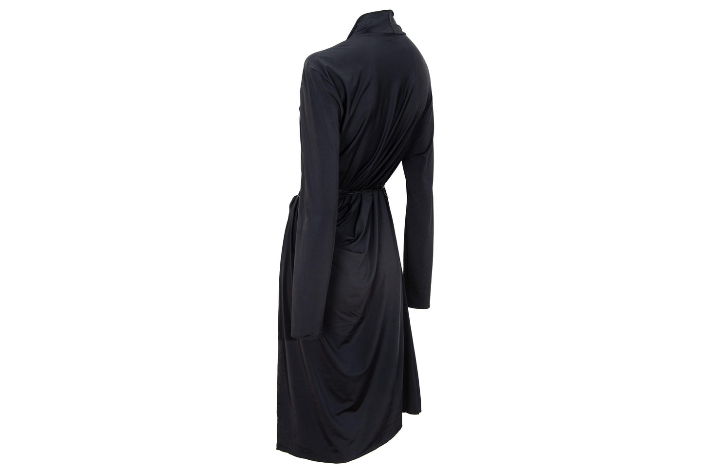 90s Marcel Marongiu avant garde black draped waist dress with thin cord leather belt