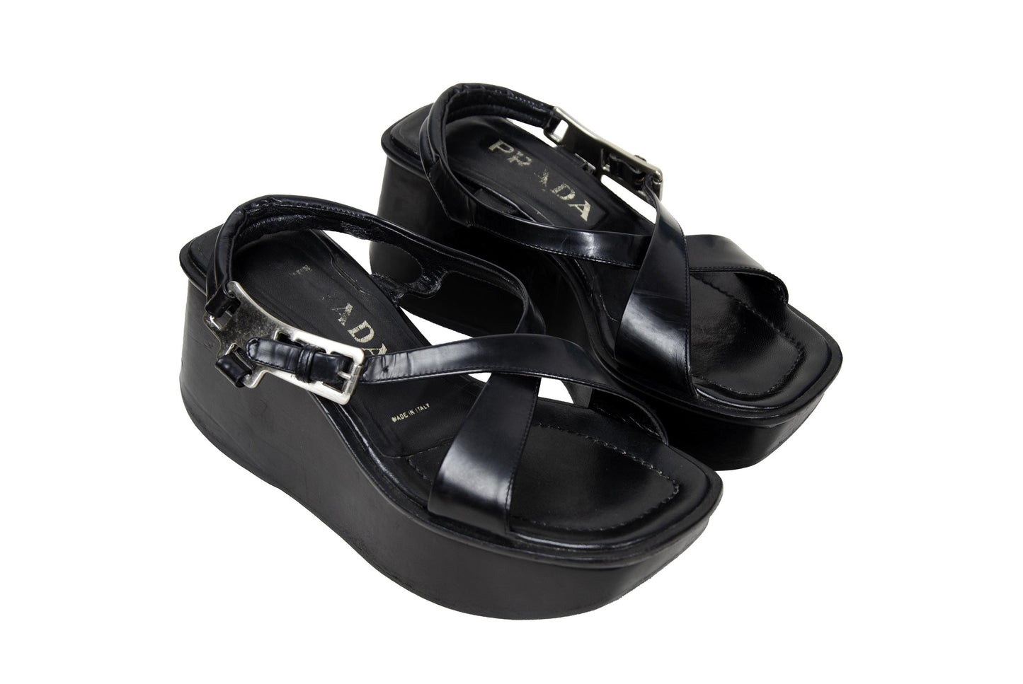 1999 Prada black leather platform sandals / Made in Italy