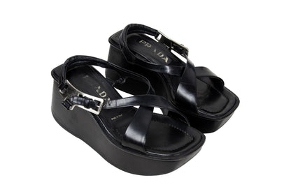 1999 Prada black leather platform sandals / Made in Italy