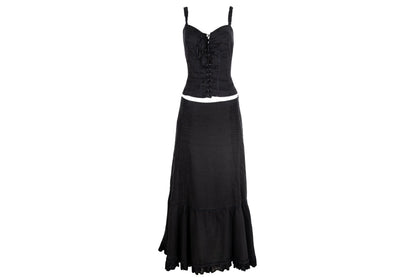 Vintage Black Linen Corset Top and Maxi Skirt Set