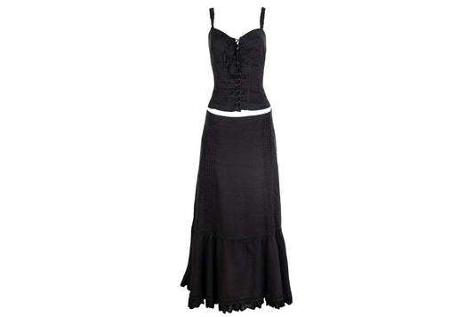 Vintage Black Linen Corset Top and Maxi Skirt Set