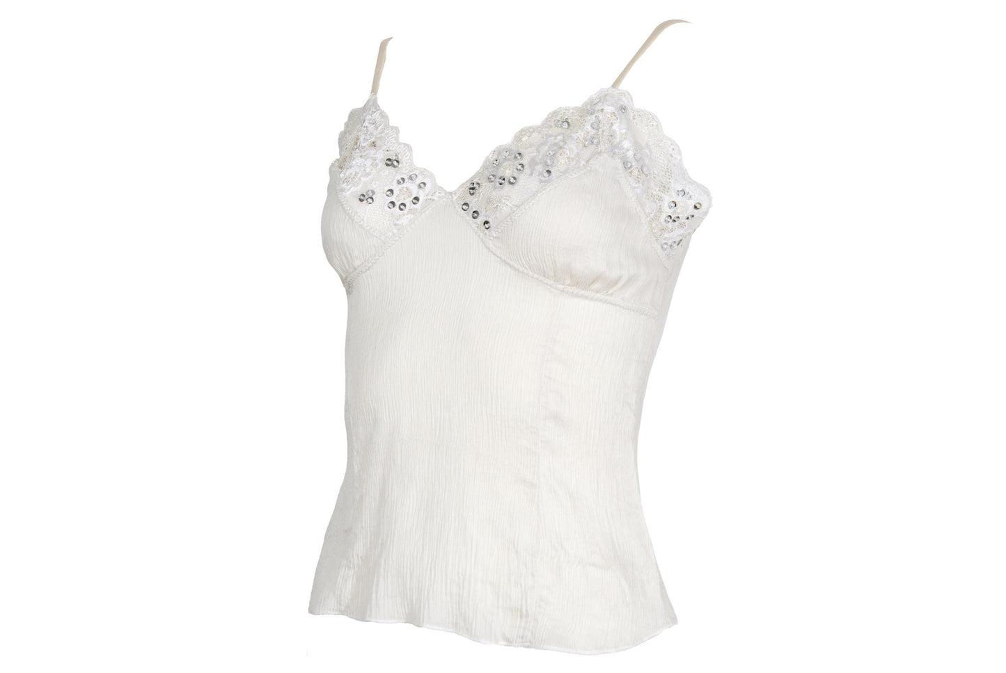 Vintage 100% silk cream tank top with lace and silver tone sequins