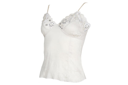 Vintage 100% silk cream tank top with lace and silver tone sequins