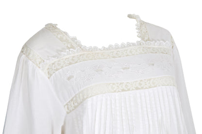 1970s Victorian revival square neck lace details white dress / Made in India