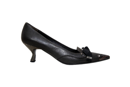 Vintage Prada brown leather kitten heel with textured metal details / 1990s / Made in Italy