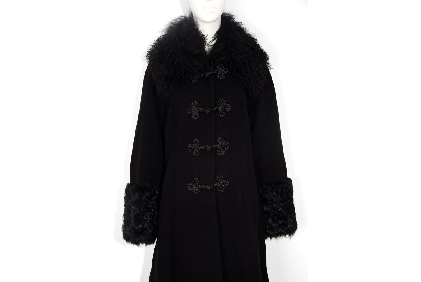 Vintage Black Wool & Cashmere Frog Closure Afghan Style Coat with Tibetan Fur