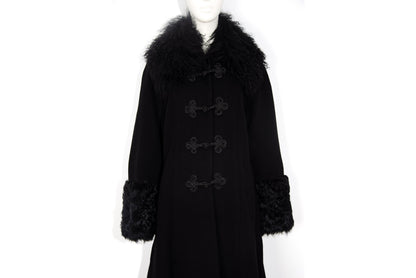Vintage Black Wool & Cashmere Frog Closure Afghan Style Coat with Tibetan Fur