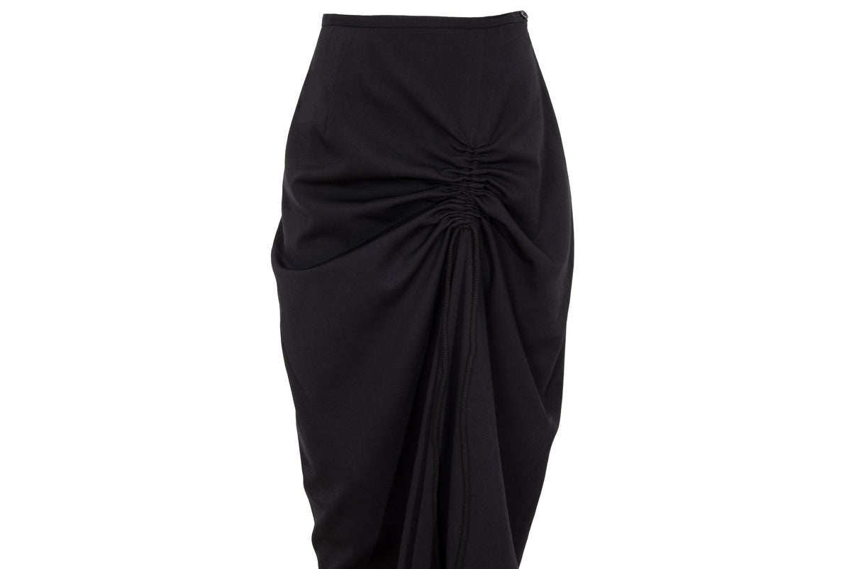 Vintage Atsuro Tayama black wool maxi skirt with adjustable ruched drawstring - Made in Japan