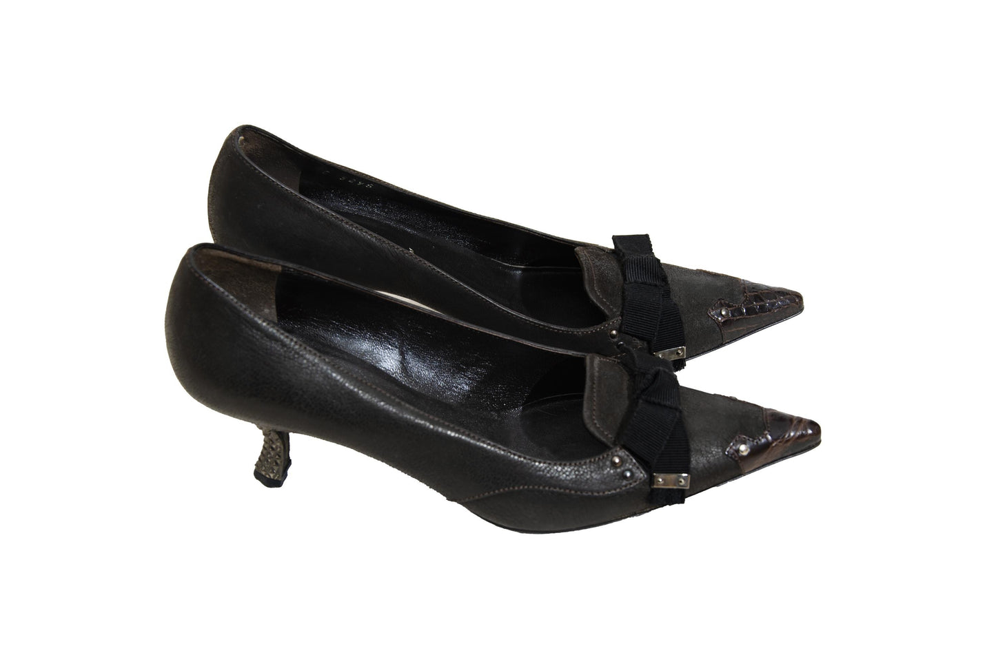 Vintage Prada brown leather kitten heel with textured metal details / 1990s / Made in Italy