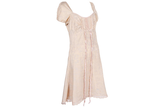 Vintage silk and cotton blend soft pink milkmaid puffy sleeves midi dress