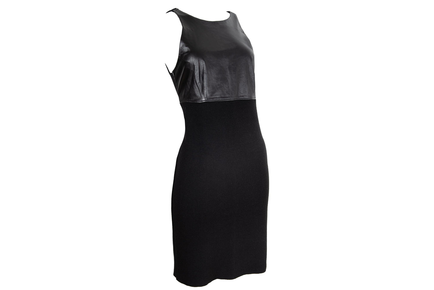 Vestido midi sin mangas de piel y punto vintage de Amaya Arzuaga / Hecho en España
