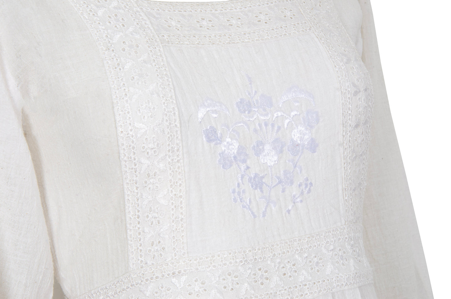 1970s white cotton gauze empire waist embroidered maxi dress