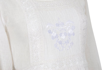 1970s white cotton gauze empire waist embroidered maxi dress