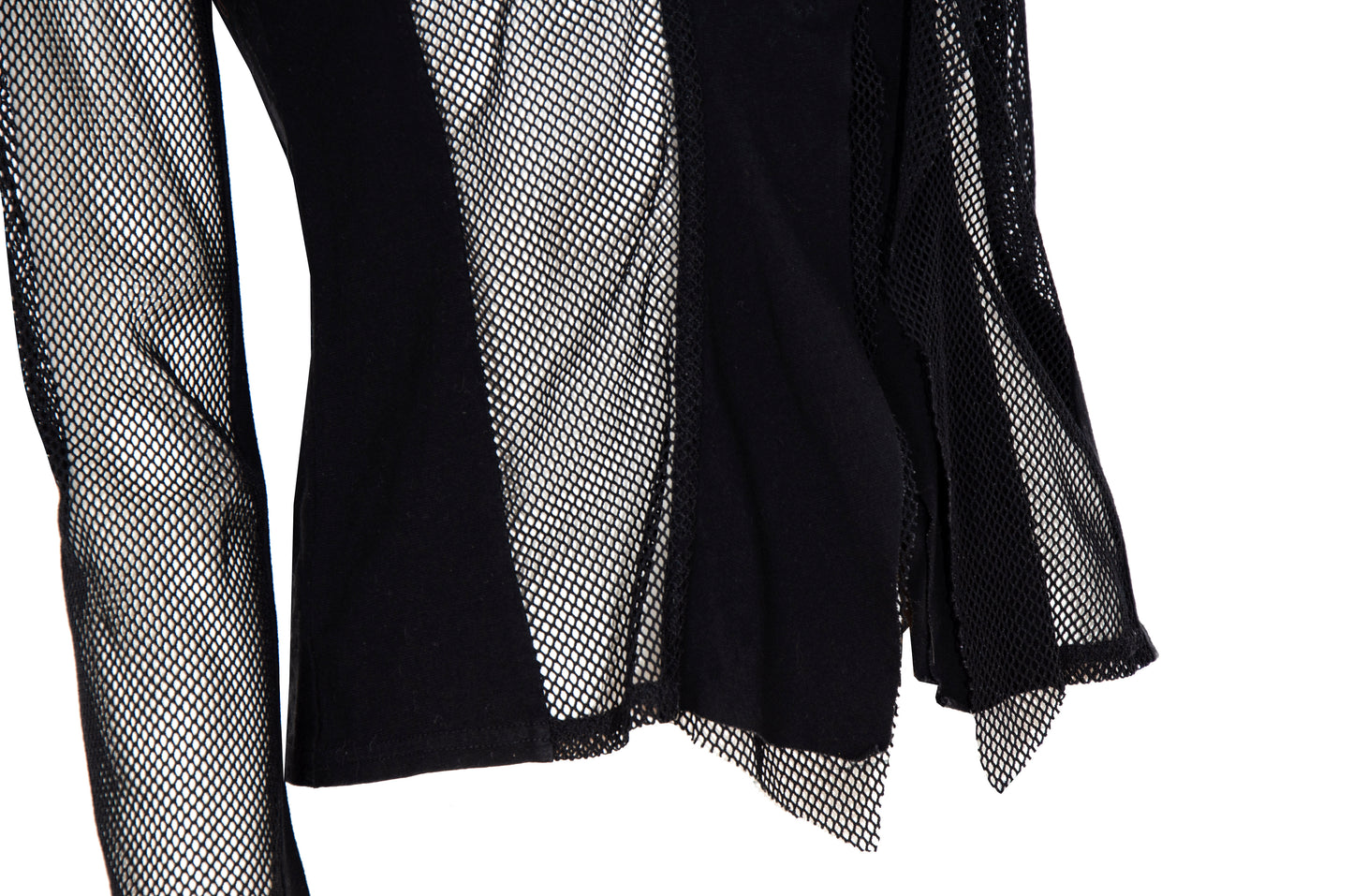 Vintage Ritsuko Shirahama black fishnet top with contrast panels and asymmetrical construction
