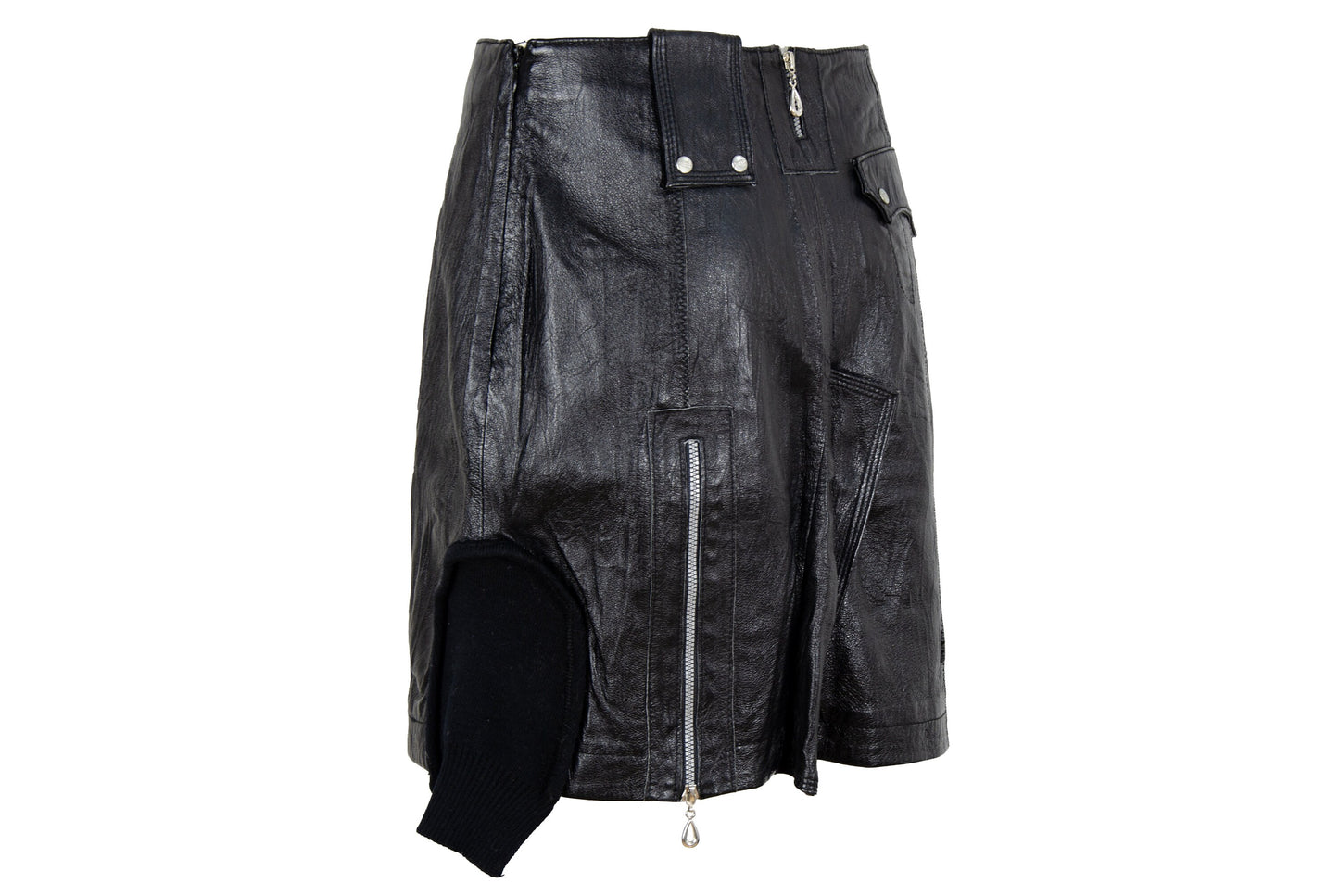 Vintage asymmetrical avant garde cargo pocket black leather skirt / Early 2000s French brand skirt