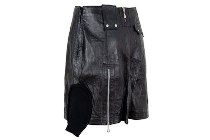 Vintage asymmetrical avant garde cargo pocket black leather skirt / Early 2000s French brand skirt