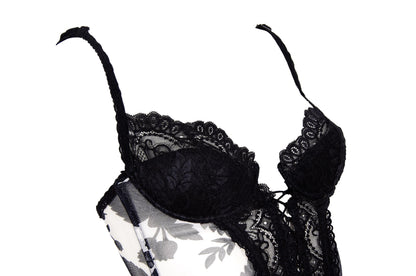 Marvel by La Perla black lace and floral mesh lace up front bustier