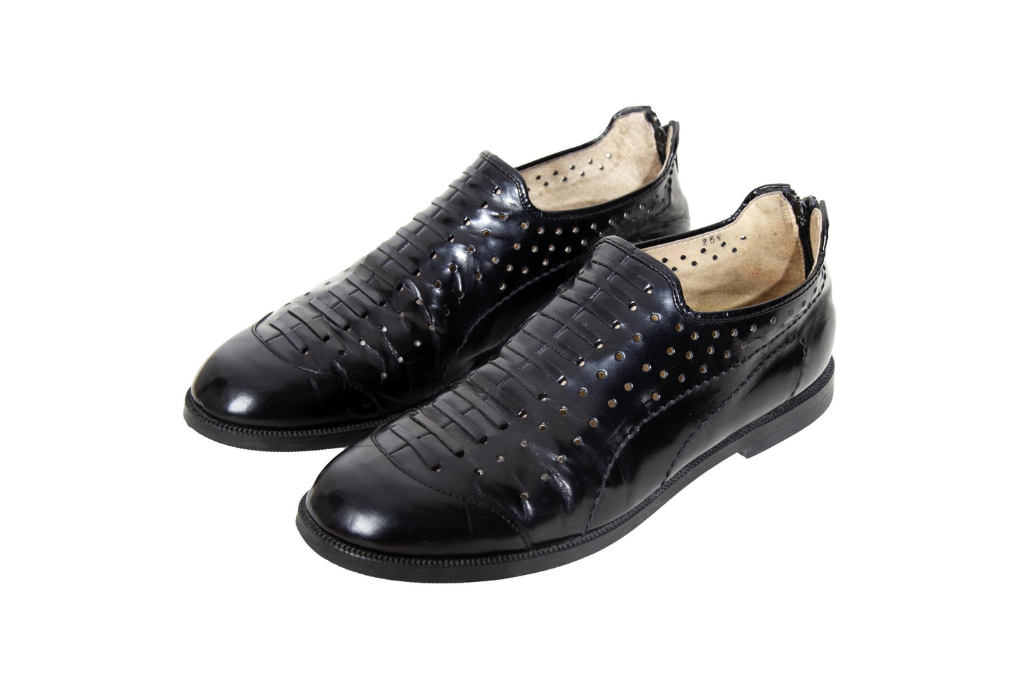 Vintage Yohji Yamamoto black leather perforated slip on shoes with rear zip closure
