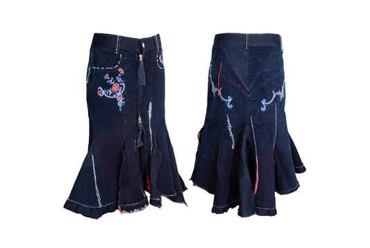 2000s Marithé + François girbaud zip front embroidered denim mermaid skirt